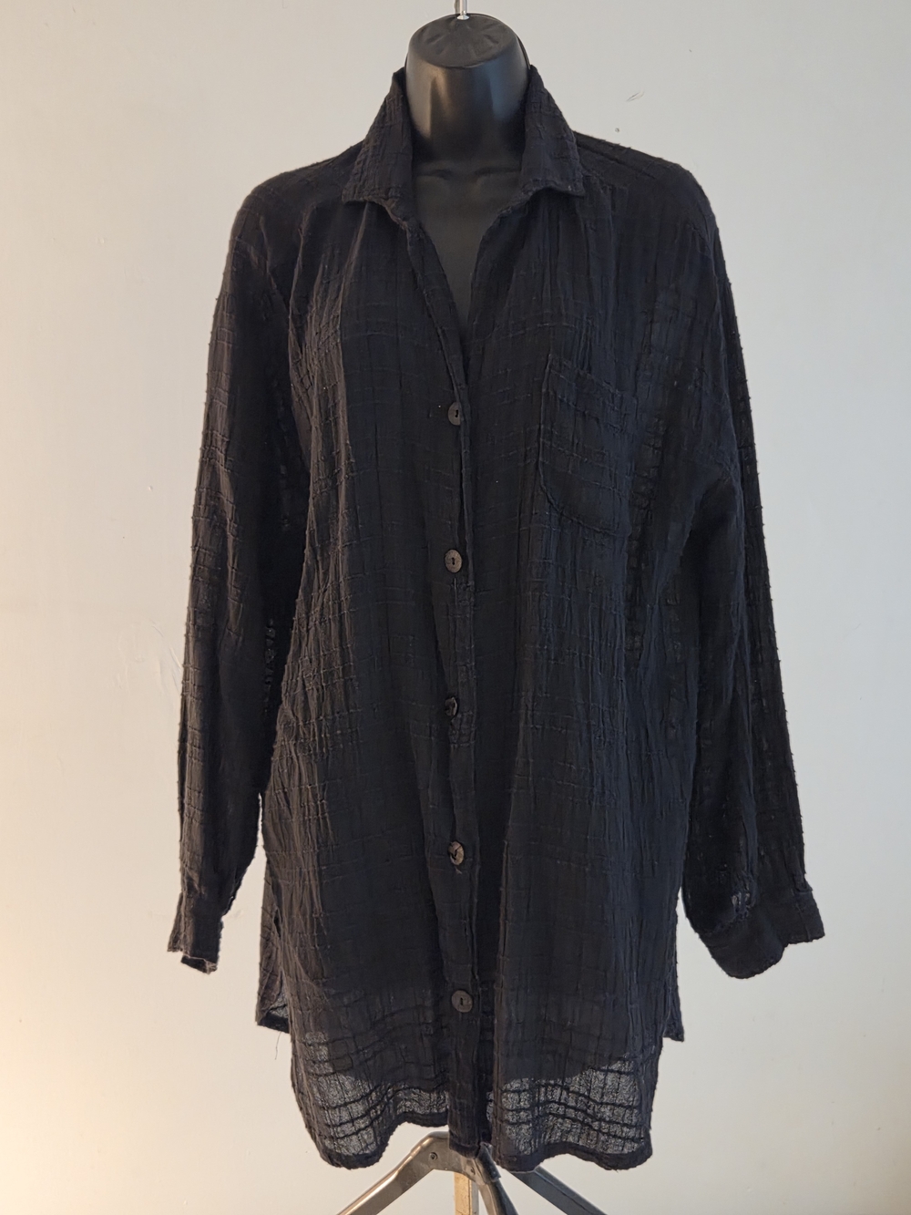 Dotti Black Textured Oversized Cotton Button-Up Top